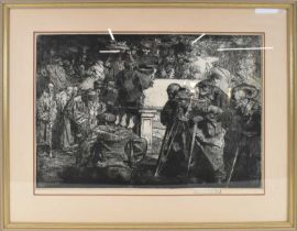 SIR FRANK WILLIAM BRANGWYN (1867-1956); etching, a crowd scene including people carrying plate of
