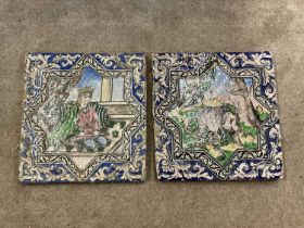 A pair of 18th/19th century Persian tiles with raised detail, one centred with a kneeling figure,