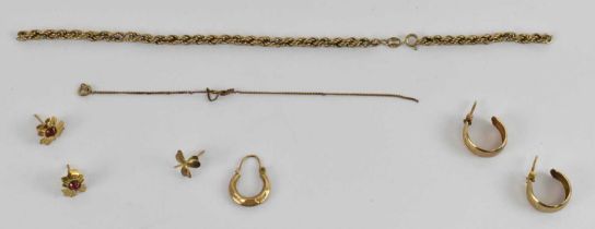 A pair of 9ct yellow gold earrings, a 9ct yellow gold rope twist bracelet (cut), and a small 9ct