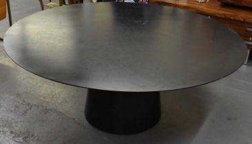 A large modern contemporary black painted T-shaped circular dining table, diameter of top 179cm,