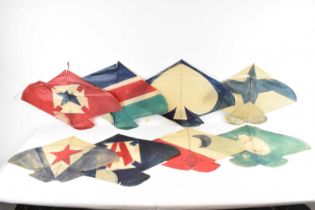 A group of seven Chinese paper and watercolour decorated kites, each approx 68 x 42cm.