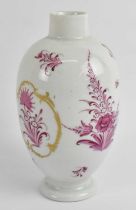 WORCESTER; a first period Worcester tea caddy painted with pink sprays of flowers within a gold