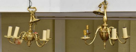 A modern French style five branch brass chandelier, height approx 40cm, another similar modern brass