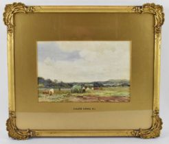 CLAUDE HAYES (1852-1922); a late 19th century watercolour, rural scene depicting cattle amongst