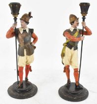 A pair of late 19th century painted spelter figures of warriors, height 36.5cm.