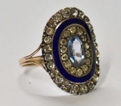 A Georgian yellow metal and blue enamelled mourning ring, size P, weight 4.6g.