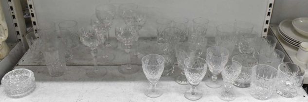 STUART; a set of six Stuart crystal wine glasses, five cut glass tumblers, four cut glass coasters