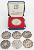 A group of six Victorian silver crowns including 1890, 1889, 1890, 1900, 1845 and another 1845, also