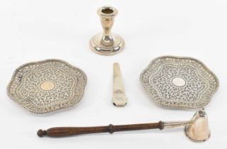 A modern hallmarked silver candle snuffer, Sheffield 1991, length 24cm, a pair of white metal