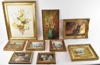 A group of eight modern decorative oils on canvas including rural scenes, street scenes, shipping