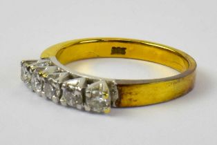 A 14ct yellow gold five stone diamond ring, size M, approx 3.3g.