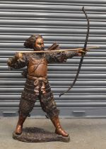 A large Japanese bronze sculpture of Emperor Jimmu modelled standing with a bow and arrow, height to