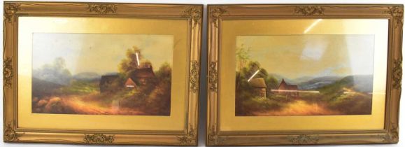 A pair of late 19th century oils on board, rural scenes, both depicting cottages amongst