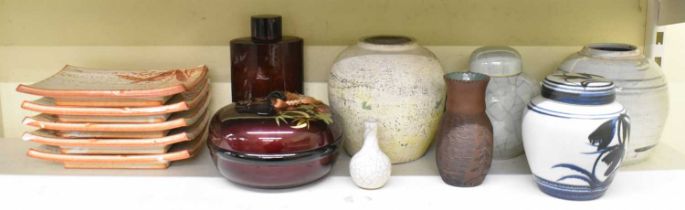 A group of Oriental items including a crackle glaze ginger jar with cover, height approx 15cm, small