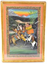 A large Mughal watercolour/gouache on silk depicting various figures on horseback slaying a tiger,