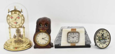 A small Art Deco Bayard marble mantel clock, height 10cm, a novelty Kienzle clock modelled as a
