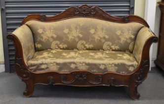 A 19th century mahogany scroll arm settee, with carved decoration, width 170cm.