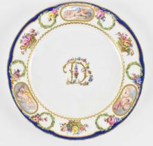 SEVRES; a late 18th/early 19th century porcelain plate associated with Madame du Barry, with central