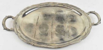 A German 900 grade silver twin handled oval tray, width 52cm, approx 39.95ozt/1243.5g.
