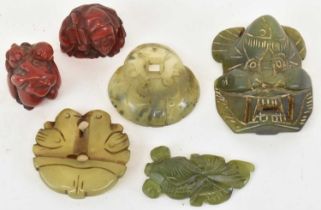 A group of six Chinese carved hardstones including pair of tablets, two resin figures and two