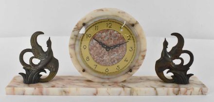 A French Art Deco marble mantel timepiece, width 50cm.