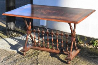A Victorian walnut and marquetry inlaid trestle type table with rectangular top, 120 x 76cm.