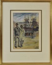 † WILLIAM GEORGE GILLIES (1898-1973); watercolour over pencil, pen and ink, 'Workers at a Mine