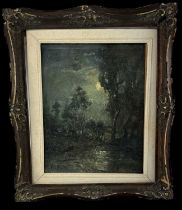 UNATTRIBUTED; oil on canvas, rural moonlit scene, indistinctly signed lower left, 50 x 39.5cm,