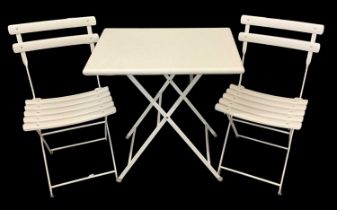 A white painted wrought iron folding garden table and two chairs, table top 50 x 70cm (3).