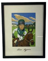 ADRIAN MAGUIRE; a cartoon print, signed by the jockey, 31.5 x 22cm, framed and glazed.