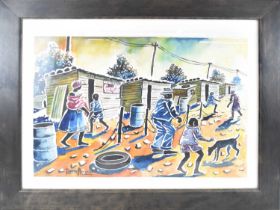 THABO NYELELE; watercolour, town scene depicting figures playing in the street, signed lower left,