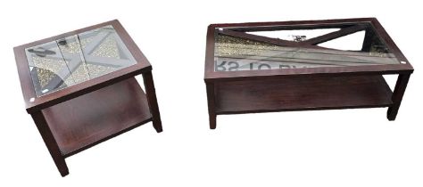 A modern glass topped coffee table, 120 x 60cm, and a matching glass topped side table, 60 x 60cm.