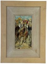 UNATTRIBUTED; oil on canvas, 'Taking the Bend', depicting men on horseback, indistinctly signed