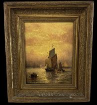 GEORGES WILLIAM THORNLEY (1857-1935); oil on panel, 'Moored Sailing Craft at Dusk', with hand