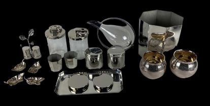 A quantity of silver plated items, including a Waterworks waste paper bin, a pair of Ercuis plated