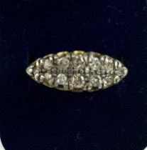 An 18ct yellow gold diamond set ring comprising twelve small stones, size O, approx 4.3g.