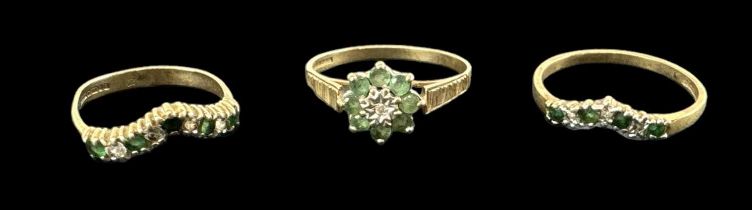A 9ct yellow gold emerald and diamond set flower head ring, size Q, a 9ct yellow gold diamond and