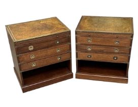 A pair of reproduction brass mounted three drawer bedside tables with leather insert tops, width