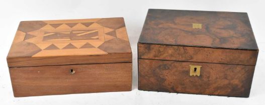 A Victorian walnut writing slope, 30 x 23cm, and a parquetry inlaid box with hinged lid, 31 x