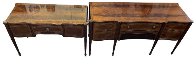 A reproduction mahogany Regency style sideboard with central drawer flanked by pair of cupboard