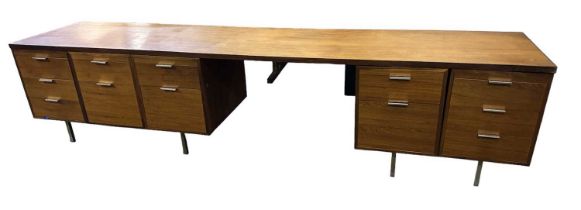 A large mid century teak desk, width 320cm.