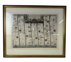 JOHN OGILBY; a map of 'The Roads from London to Wells', 33.5 x 45.5cm, framed and glazed.