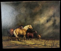 † GUDRUN SIBBONS; a 20th century oil on canvas, rural scene, horses in a storm, signed lower left,