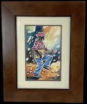 THABO NYELELE; watercolour depicting a man playing the guitar, signed lower right, 28.5 x 18cm,