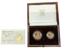 THE ROYAL MINT; a Britannia two coin proof set, numbered 410, comprising 1/4oz gold coin and 1/