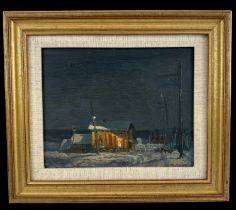 VIKTOR ORLOV; oil on board, abstract scene depicting a hut with figures, signed lower right, 22.5