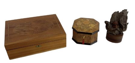 A modern marquetry inlaid musical box and a walnut inlaid jewellery box (2).