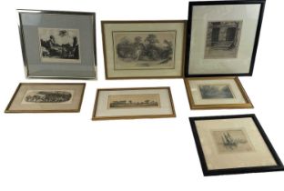 A group of six etchings of rural and shipping scenes, and a Nigel Piron print (7).
