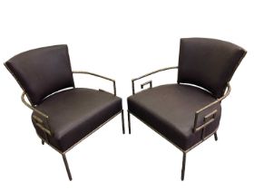 A pair of modern contemporary metal framed bamboo effect elbow chairs. Condition Report: The