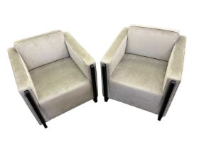 A pair of modern contemporary silver upholstered armchairs, width 76cm, depth 83cm.